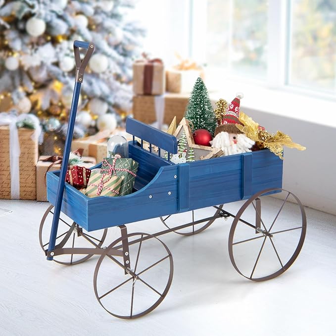 Wooden Wagon Planter, Decorative Garden Wheelbarrow Planter with 2 Planting Sections, Rolling Wheels, Adjustable Handle, Small Wagon Cart Planter Stand for Flowers Vegetables Herbs (Blue)