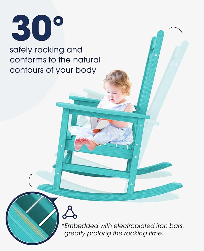KINGYES Outdoor Rocking Chair, All-Weather Patio Rocking Chairs for Porch, HDPE Rocking Outdoor Chairs with High Back for Adult, Heavy Duty Outdoor Patio Rockers for Garden, Lawn, Aruba