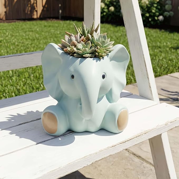 Small Plant Container | Unique Resin Flower Pot Sculpture | Succulent Flower Pot | White Elephant Gifts for Women | Perfect Plant & Elephant Gifts | Indoor & Outdoor Use (Blue)