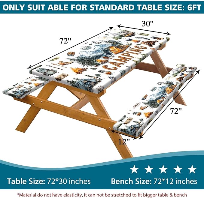 Picnic Table Cover with Bench Covers Camping Tablecloth Fitted Picnic Picnic Table Cover with Elastic Windproof Waterproof, Outdoor & Garden Camping Accessories Essentials 96In 3PCS