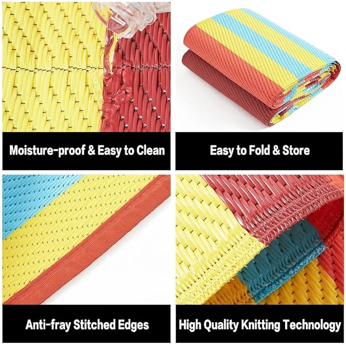 HUGEAR Outdoor Waterproof Rug 6'x9' Plastic Straw Rugs Washable Reversible Floor Mat Rainbow Stripe Carpet for Camping RV Deck Entryance Porch Picnic Balcony Beach Backyard
