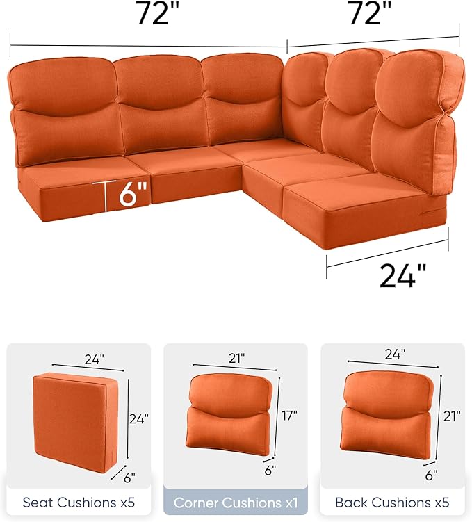 Luxury 24x24x6 Outdoor Cushions for 5-Seat Sectional Sofa Set of 5 - Water-Repellent 11-Piece Patio Cushion for Outside Rattan Wicker Loveseat Chair L-Shape Couch - Orange/Smile