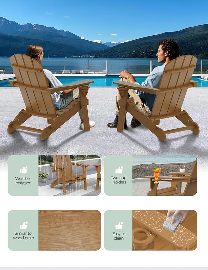 Folding Adirondack Chair, Wooden Textured Plastic Adirondack Chairs with 2 Cup Holder, Weather Resistant HDPE Fire Pit Chair, Outdoor Patio Chairs for Garden, Backyard, Lawn, Deck, 380LBS, Teak