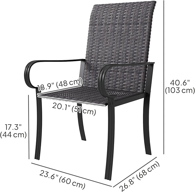 Outsunny Set of 4 Outdoor Wicker Dining Chairs, All-Weather Rattan Armchairs with Armrests, Steel Frame, Highback and Deep Seating, for Garden, Patio, Deck, Yard, Poolside, Brown