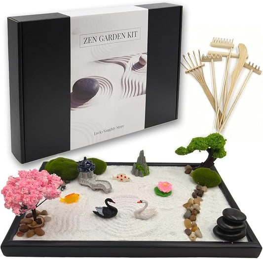 Zen Garden for Desk, Japanese Garden Home Office Desktop Decor for Meditation Sand Tray Therapy Kit,11.8'' X 7.9'' Large Size,Bamboo Rake Tools, Valentine's Day Gift