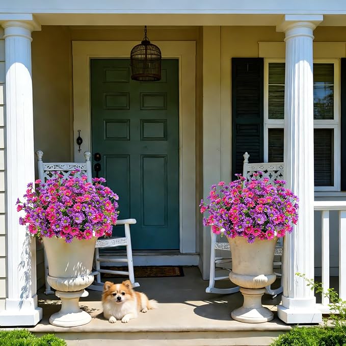16 Bundles Silk Daisy Artificial Flowers for Outdoors UV Resistant Fake Daisies Plastic Plants Flower for Home Outside Front Door Porch Garden Patio Planters Decoration (Double Purple)