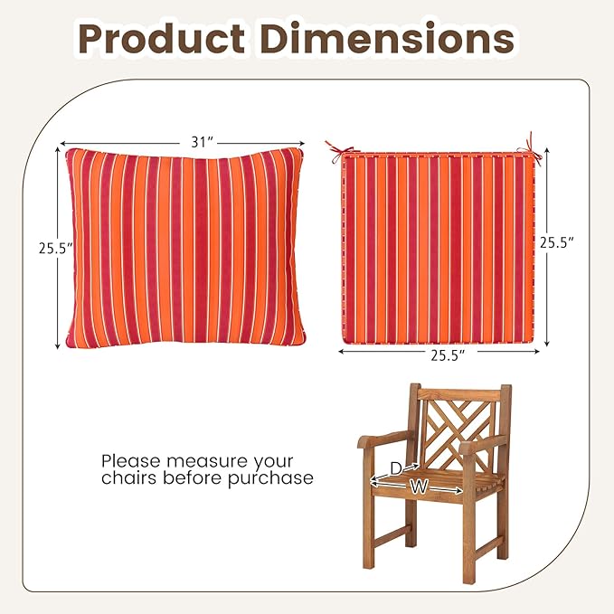 Giantex Patio Cushion Set, Outdoor Chair Seat Pads w/Non-Slip Rope Belts, Detachable Patio Furniture Cushions, Thick Seat Cushion & Back Cushion for Living Room Floor Sofa Patio Garden Chair (Orange)