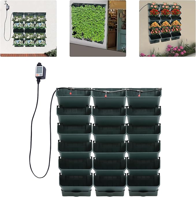 Self-Watering Wall-Mounted Planter, 18 Pots Wall Mounted Plastic Plant Grow Pot Vertical Garden Planter with Intelligent Control & Adjustable Irrigation System for Indoor Outdoor (Green, 18 Pots)