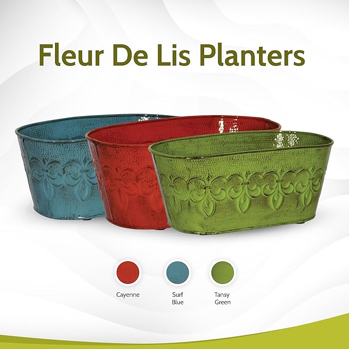Headwind Ironlite Fleur De Lis Collection – 10" Tansy Green Oval Decorative Planter with Drain Plug – Lightweight Metal Garden Pots for Indoor & Outdoor Planters Use by Robert Allen