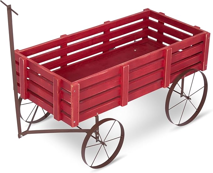 Shine Company Decorative Buckboard Wagon Garden Planter, Wooden Wagon Yard Décor for Outdoor Plants, Red