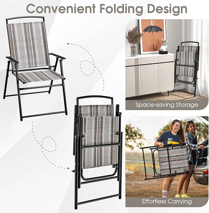 Giantex Patio Chairs Set of 2, Outdoor Folding Chairs with Armrests, Metal Frame, Outside Foldable Dining Chairs for Lawn Deck Porch Beach Yard (Stripe Pattern)
