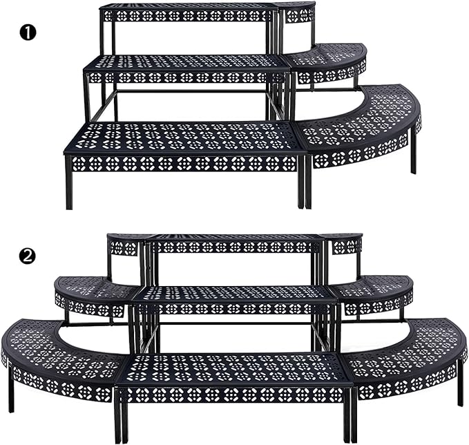 aboxoo 3 Tier Stair Style Large Metal Plant Stand, Garden Display Shelf Flower Pot Holder Storage Organizer Rack for Indoor Home Outdoor Patio Balcony Yard( Black, Rectangle)