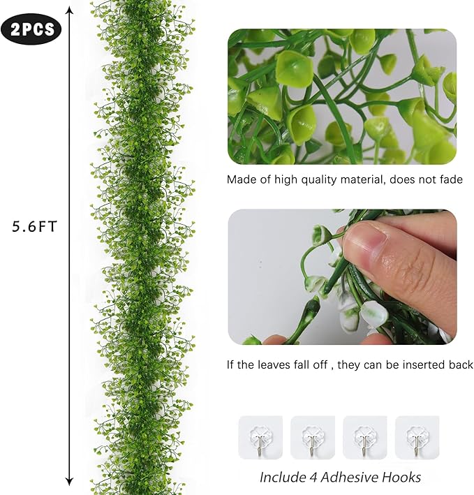 RECUTMS Fake Vines Garland Artificial Hanging Plant Faux Ferns Leaves Greenery Ivy Garland 2Pcs for Spring Home Indoor Outdoor Wedding Farmhouse Table Centerpiece Party Garden Valentines Decor(Green)