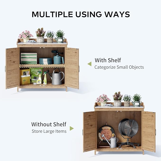 Gizoon Outdoor Potting Bench with Metal Tabletop, Outdoor Garden Patio Wooden Storage Cabinet with Adjustable Shelf, Double Doors Garden Work Bench for Backyard, Patio, Lawn - Natural