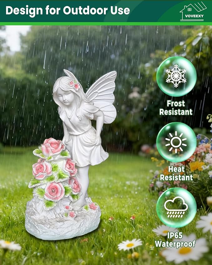 Garden Figurines Angel Garden Statue Outdoor Decor, Solar Powered Resin Sculpture with 5 LEDs Art Decoration for Patio Lawn Yard Porch, Ornament Housewarming Gift, 11“ H
