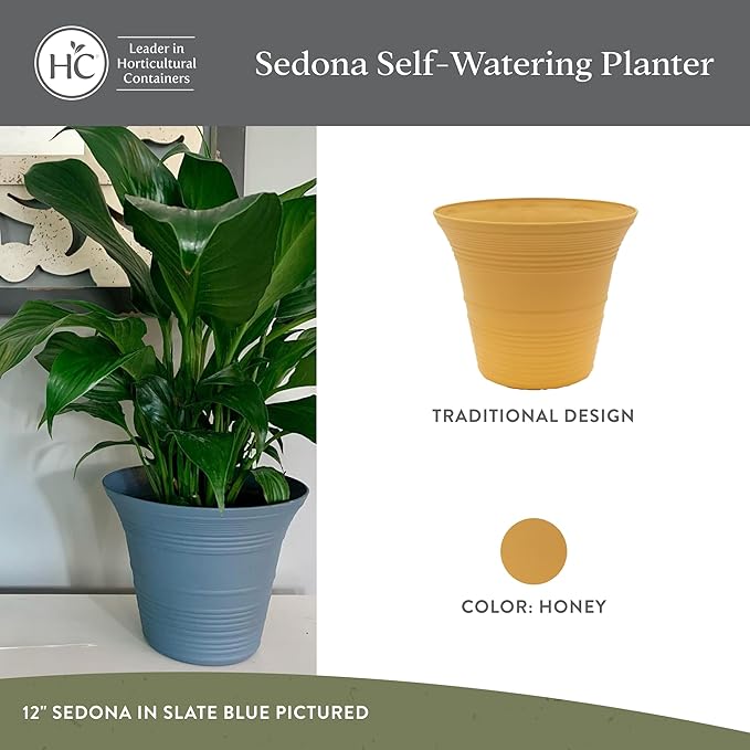 The HC Companies 12 Inch Sedona Round Self Watering Planter Pots, Lightweight UV-Resistant Plastic Indoor & Outdoor Planters, 2-Pack Flower Pots for Garden & Home Decor, Honey