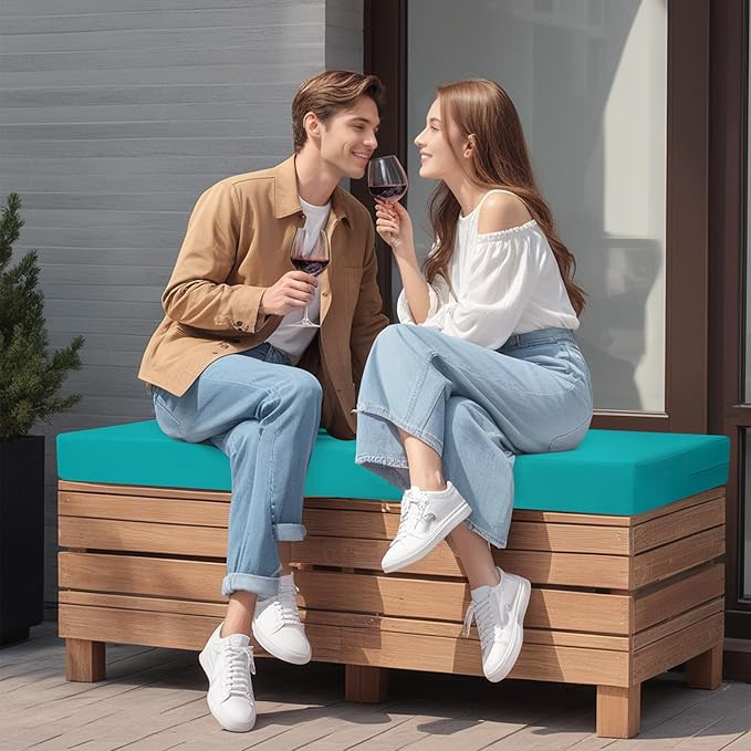 idee-home Outdoor Bench Cushion Waterproof, Bench Cushions for Outdoor Furniture, Patio Porch Swing Replacement Seat Pad with Ties for Garden Backyard, 59 x 18 Inch Peacock Blue
