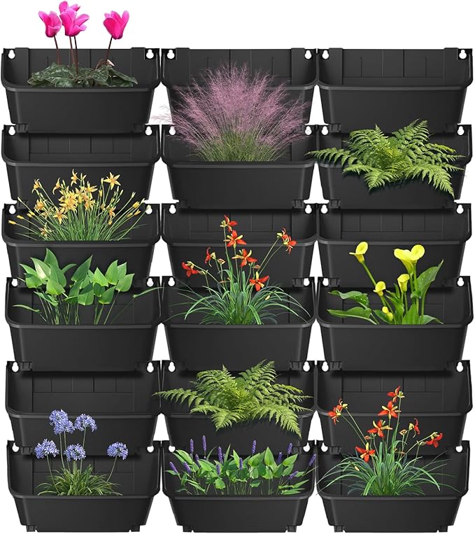 18 Hanging Vertical Wall Planter, Outdoor/Indoor Vertical Garden Planter with Automatic Drip Mechanism and Buckle Fixation Pot Balcony Plant Vegetable Fruit Herb Hanging Pocket (Black)