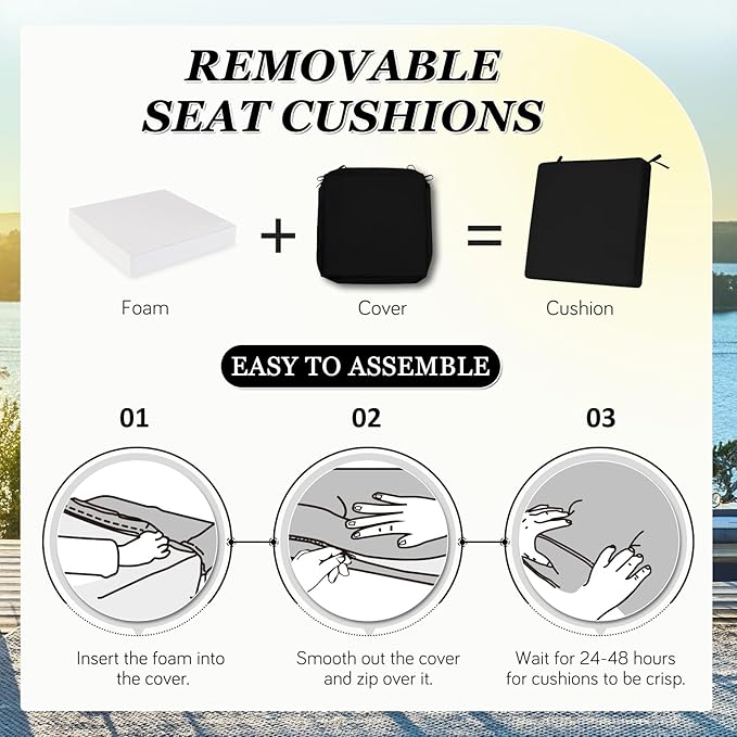 Waterproof Outdoor Chair Cushions Set of 2, Square Outdoor Seat Cushions with Ties and Removable Covers, 22 x 22 Outdoor Cushions for Patio Furniture with Portable Handle(Black)