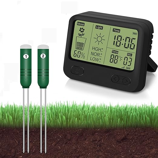4-in-1 Wireless Soil Moisture Meter/Thermometer/Sunlight/Time,PH Paper, Waterproof Plant Moisture Sensor Meter with Digital LCD Display for Garden, Lawn and Indoor Plants
