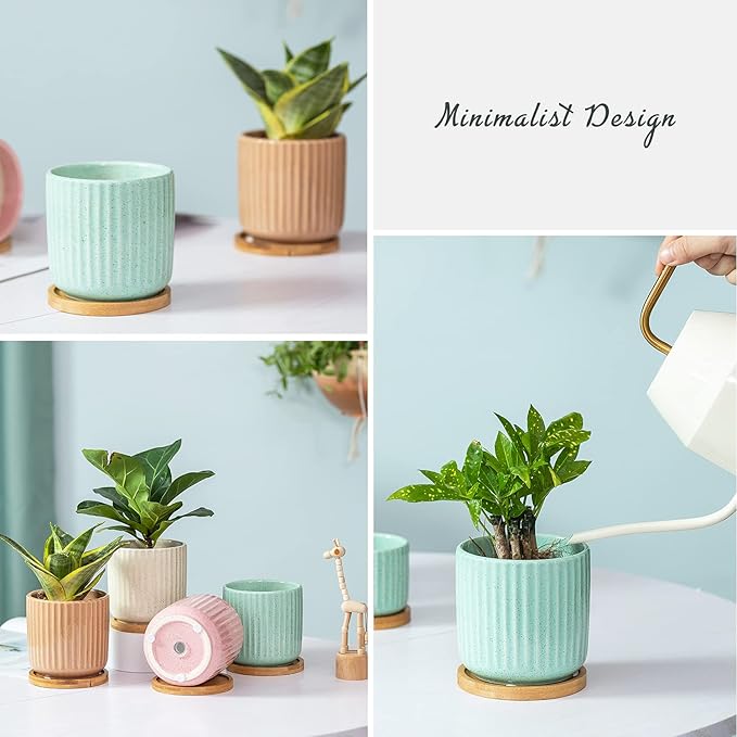 TAMAYKIM 4 Inch Cylinder Ceramic Boho Plant Pots with Drainage Hole and Saucer, Glazed Vertical Pattern Multicolor Flower Pots for Succulent, Snake Plant, Cactus & Herbs, Set of 4 (Plant Not Included)