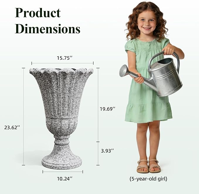 23.6" Tall Plastic Urn Planters for Outdoor Plants with Drainage Holes & Petal Design, Set of 2 Sturdy Base Classic Indoor Large Flower Pots, Outdoor Planters for Porch/Home/Garden, Slate Gray