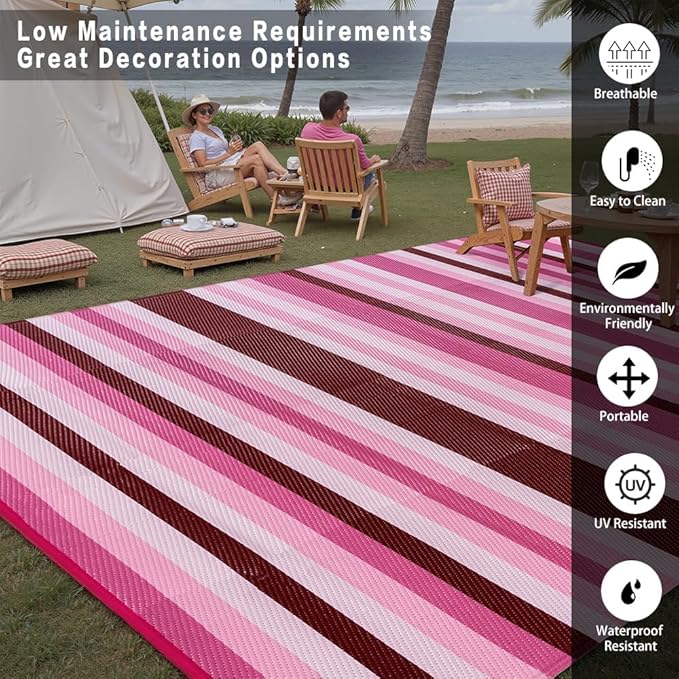 HUGEAR Outdoor Waterproof Rug 9'x12' Plastic Straw Rugs Washable Reversible Floor Mat Pink Stripe Carpet for Camping RV Deck Entryance Porch Picnic Balcony Beach Backyard