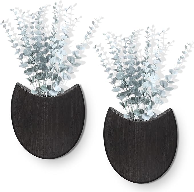 2 Pack Wood Wall Planters with Artificial Plants Farmhouse Boho Wall Decor Pocket Vases for Kitchen Office Living Room Entryway Hallway Bathroom Indoor Decoration(Black)