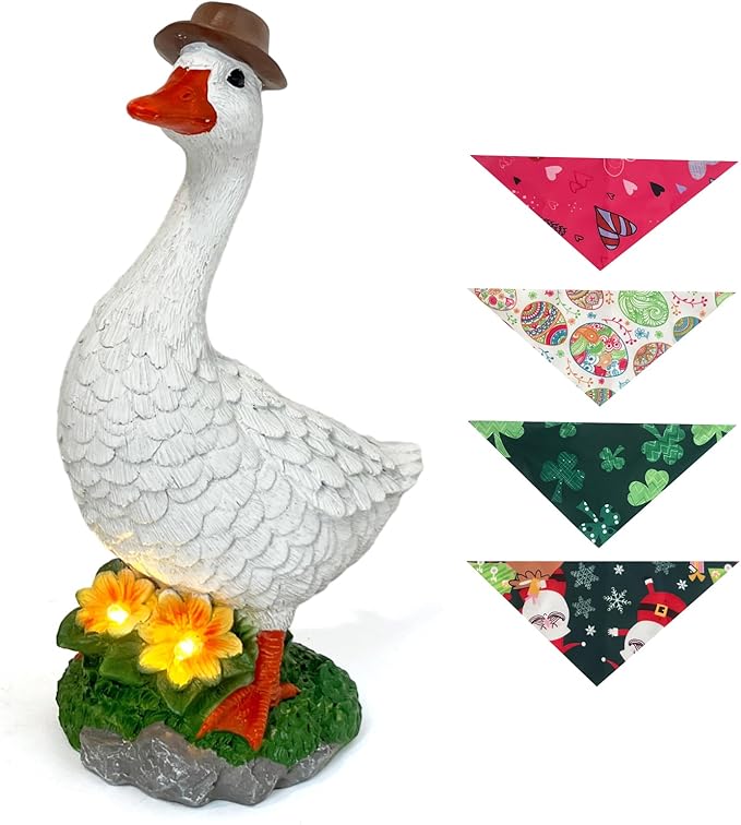 Porch Goose Garden Statue with Solar Glowing Flower, 10" Solar Duck Decorative Figurine for Outdoor, Valentine St.Patrick Easter Christmas Seasonal Scarves for Patio Yard Decor - Unique Gift for Women