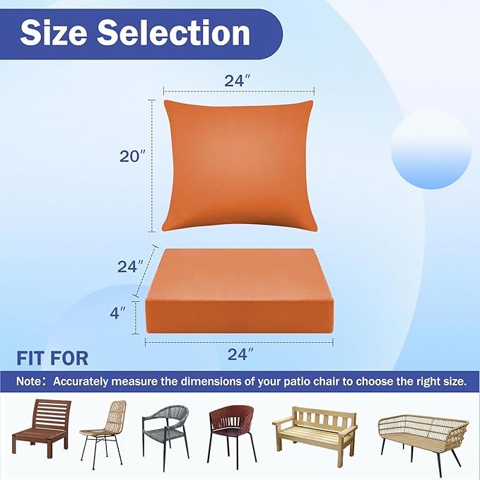 Outdoor Seat Cushion Set, Waterproof & Fade Resistant Patio Chair Cushions, Outdoors Cushion for Patio Furniture, 24 x 24 x 4 Inch, Outdoor Couch Cushions with Handle and Ties, Spice