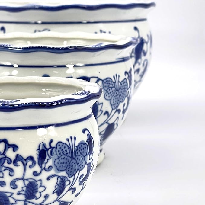 Galt International Blue & White Floral Porcelain Ceramic Decorative Flower Pot 8"/6"/4.5" Garden Pots Chinese Asian Design - Set of 3 Round Pots