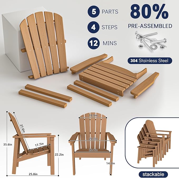 nevilywood Compact Stackable Adirondack Chairs Set of 2, 26.3" Wide HDPE Outdoor Patio Chairs - Durable, Space-Saving Design for Porch, Lawn or Garden, Teak