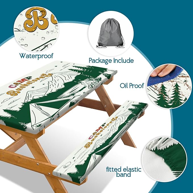 3PCS Picnic Table Cover with Bench Cover Green Forest Tent Torch Pattern Camping Tablecloth Fitted Picnic Table Cover with Elastic Windproof Waterproof, Outdoor & Garden Camping Accessories 96IN
