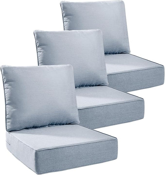 6" Thick Outdoor Cushions 24x24x6, 3-Set Deep Seat Patio Cushions with Removable Cover, Waterproof & Fade Resistant Replacement for Wicker Chair, Loveseat, Sofa - Baby Blue