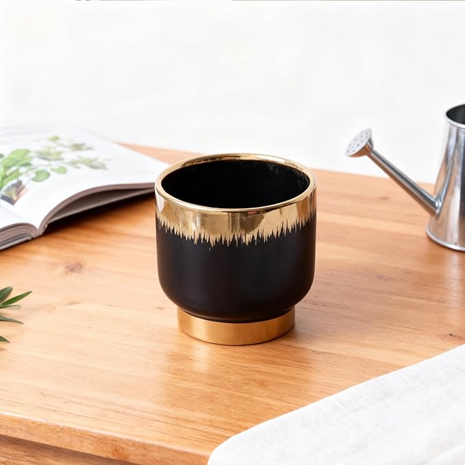 Black Gold Ceramic Succulent Plant Pots Floral Small Plant Pots Indoor Modern Round Decorative Indoor-Outdoor Garden Pots with Drainage Holes - Plants Not Included 4.33 x4.33 Inch