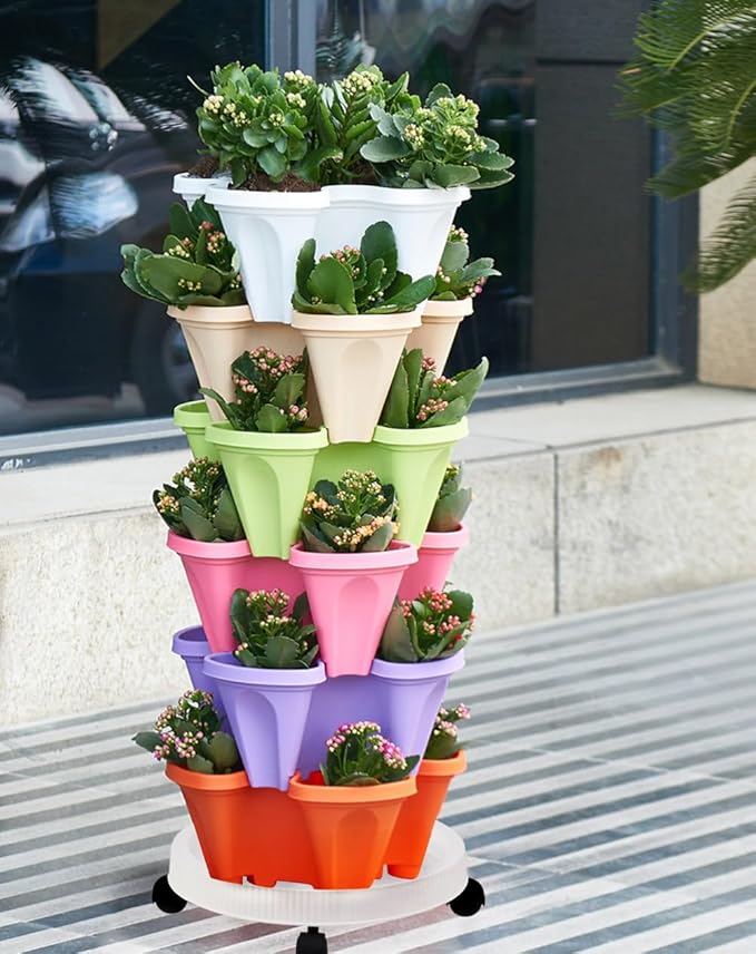 Vertical Planter 3 Tiered,Stackable Planters for Strawberry Herb Flower and Vegetable Stacking Garden Tower Gardening Pots with Removable Wheels and Bottom Indoor Outdoor