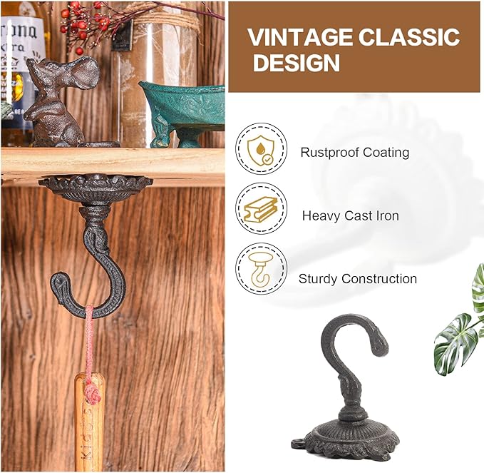Sungmor Heavy Duty Cast Iron Ceiling Hooks - 2PC Black, 3.5x3.9Inch Decorative Plant Hangers, Indoor Outdoor Swag Hooks for Hanging Plants, Planters, Wind Chimes, Lanterns