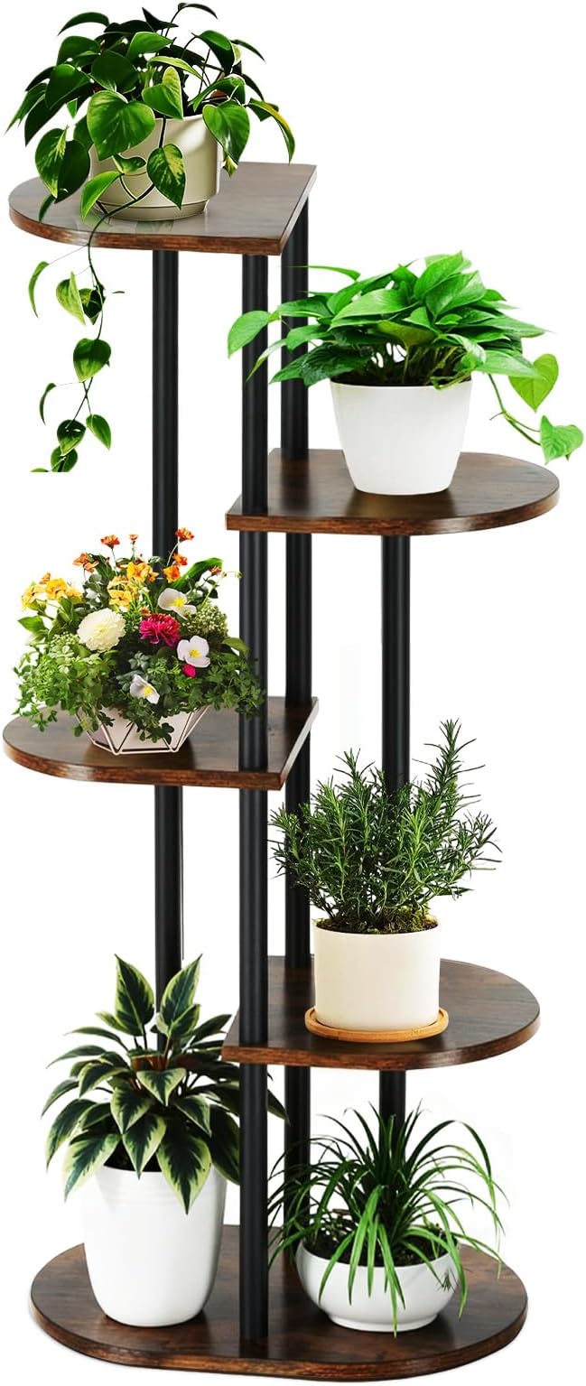 Tiered Plant Stand Indoor, Tall 5 Tier 6 Potted Wooden Plant Shelf for Multiple Plants, Multi Plant Holder Indoor for Patio Garden Patent Design Living Room Bedroom, Rustic Brown
