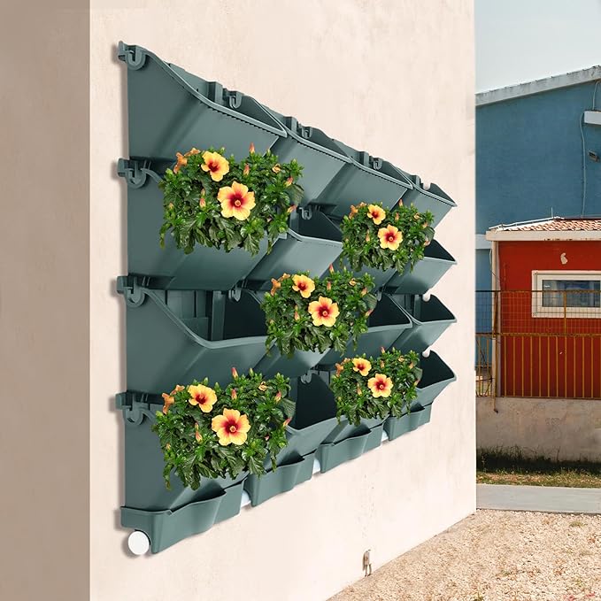 Wall-Mounted Vertical Garden Planter Set – 24 Self-Watering Planters with Drainage Pipe, Stackable Wall Planters for Indoor & Outdoor Use (Green, 16PCS)