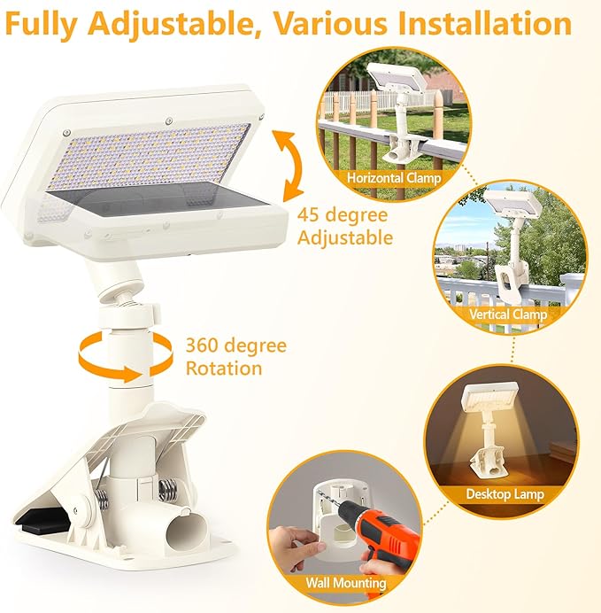 Clip On Solar Lights Outdoor with Motion Sensor, 360°Rotatable & Vertically Adjustable Solar Fence Lights with 92 LEDs (600 LM, 3000 K),IP65 Waterproof Security Light for Deck, Gutter（White, 1 Pack）