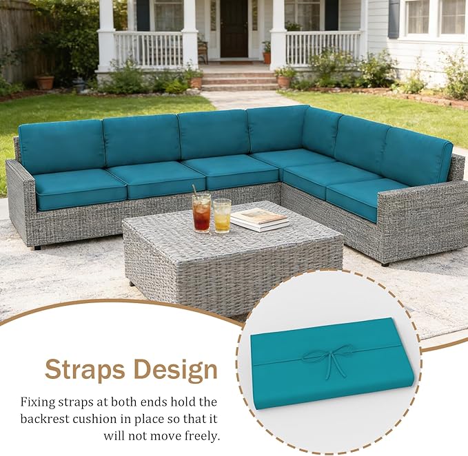 14 Pcs Outdoor Replacement Cushions for Patio Furniture, All Weather Water Resistant Cushion for 6 Seat Rattan Wicker Sectional Patio Conversation Sets and Couch (Turquoise)