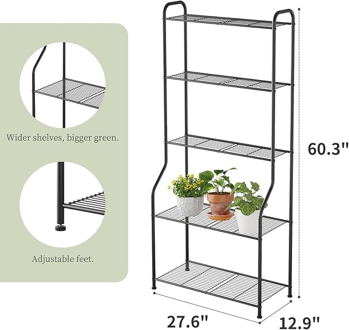 Plant Stand Indoor Outdoor for Multiple Plants, 5 Tier Tall Heavy Duty Metal Shelf, Large Flower Pot Holder Ladder for Garden, Patio, Living Room, Balcony, Black