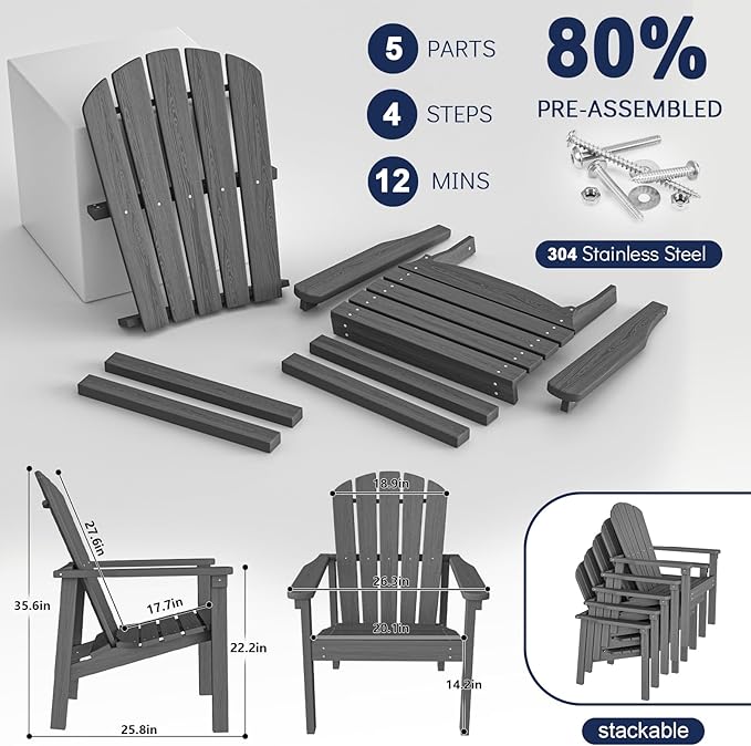 nevilywood Compact Stackable Adirondack Chairs Set of 4, 26.3" Wide HDPE Outdoor Patio Chairs - Durable, Space-Saving Design for Porch, Lawn or Garden, Grey