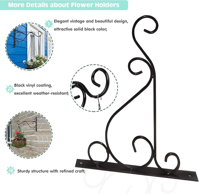 Fashion&cool Hanging Plant Brackets, Pack of 2 10 inch Iron Wall Mount Plant Hanging Hooks Metal Wall Brackets Hangers for Indoor Outdoor Planter Bird Feeder Lanterns Wind Chimes with Screws