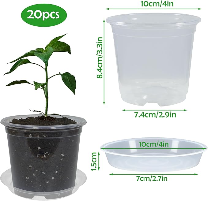 20 Pack 4 Inch Clear Nursery Pots with Drainage and 20 Pack Plant Saucers, Plant Pots for Plants Transparent Potting Containers for Plants Seeding Starter Pot (Clear, 4 Inch)