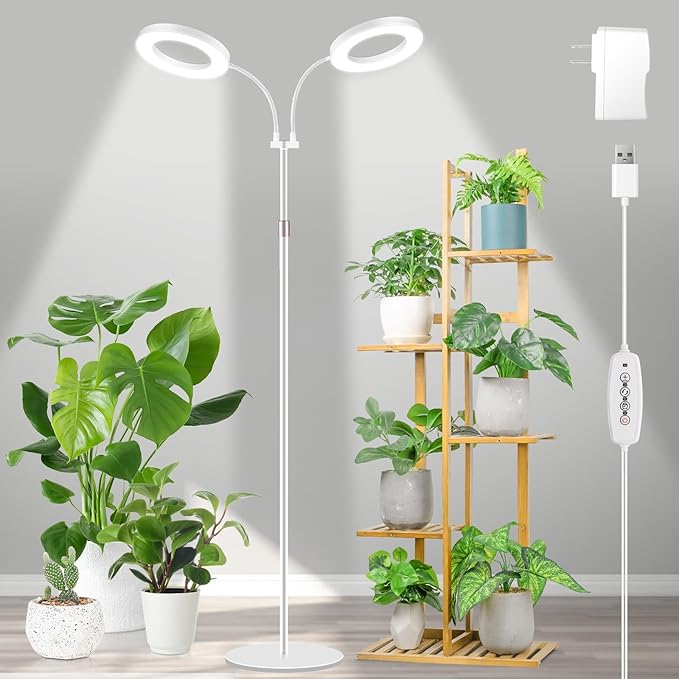 LBW Dual Head Grow Light with Stand for Indoor Plants, Full Spectrum Grow Light for Multiple Tall Plants, Adjustable Height up to 68", Auto Cycle Timer 6/8/12/16H, 5-Level Dimmable, 3 Lighting Modes