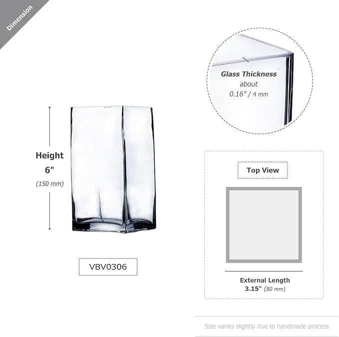 WGV Tall Square Vase Glass Block Bulk, Length 3", Height 6", Clear Bud Floral Container, Candle Holder, Planter Terrarium for Wedding Party Event, Home Office Decor, 24 Pieces