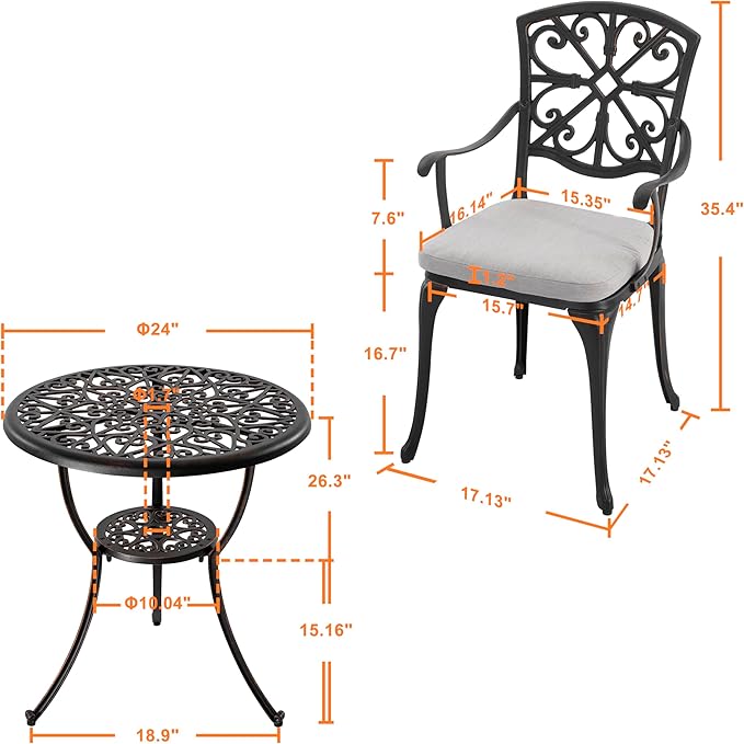 NUU GARDEN Bistro Set 3 Piece Outdoor Cast Aluminum Patio Table and Chairs Set of 2 with Umbrella Hole and Grey Cushions for Backyard, Balcony, Lawn, Black