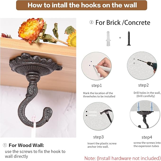 Sungmor Heavy Duty Cast Iron Ceiling Hooks - 2PC Black, 3.5x3.9Inch Decorative Plant Hangers, Indoor Outdoor Swag Hooks for Hanging Plants, Planters, Wind Chimes, Lanterns