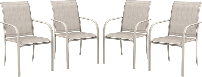 VICLLAX Patio Stackable Dining Chairs Set for 4, Outdoor Sling Chairs with Metal Frame for Front Porch Balcony Backyard Garden and Deck, Sandshell